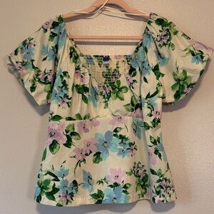 Old Navy Cream Floral Square-Neck Blouse with Blue & Lavender Flowers